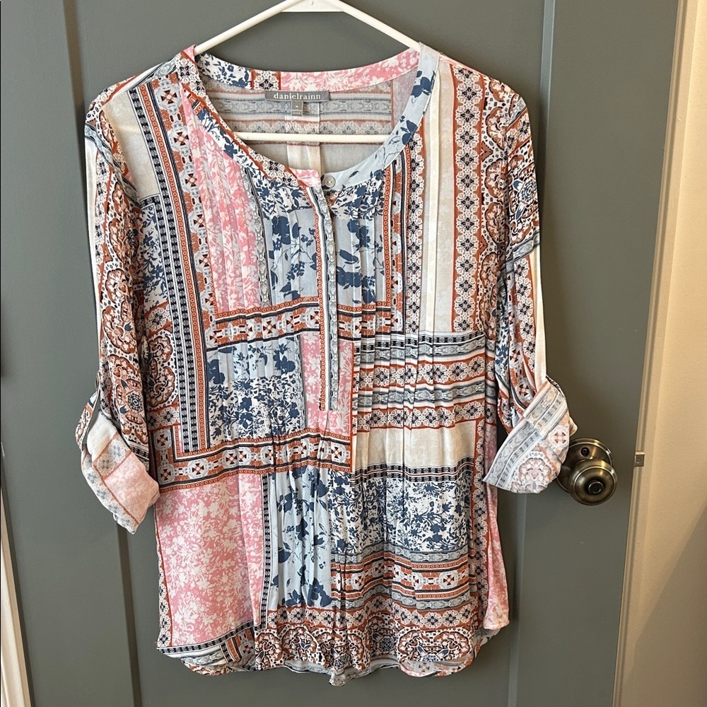 Daniel Rainn Pink and Blue Patchwork Blouse Stitch Fix Size Medium